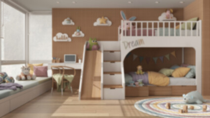 Blur background, wooden children bedroom with bunk bed in pastel tones, parquet floor, big window with venetian blinds, sofa, desk with chair, carpet, toys and decors. Interior design