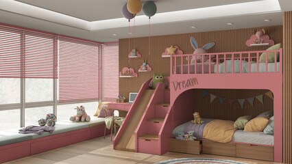 Modern wooden children bedroom with bunk bed in red and pastel tones, parquet floor, big window with sofa, ladder and slide, desk with chair, carpet, toys, decors. Interior design