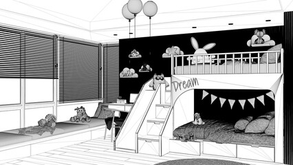 Blueprint project draft, modern wooden children bedroom with bunk bed, parquet floor, big window with sofa, ladder and slide, desk with chair, carpet, toys, decors. Interior design