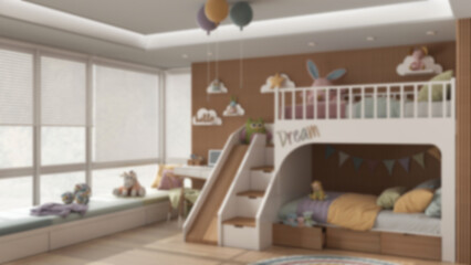 Blur background, modern wooden children bedroom with bunk bed in pastel tones, parquet floor, big window with sofa, ladder and slide, desk with chair, carpet and toys. Interior design
