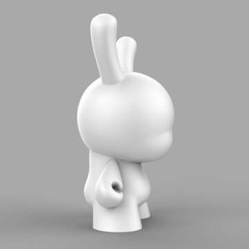 3d Rendering image of a custom art toy. Ready-to-Paint DIY Dunny - White Primer. BLANK DUNNY - side view. 