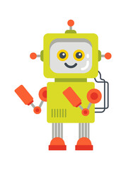 Childish droid retro robot character. Vector illustration