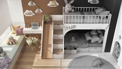 Fototapeta na wymiar Architect interior designer concept: hand-drawn draft unfinished project that becomes real, bedroom with bunk bed, parquet, desk and chair, wardrobe and carpet. Top view, above