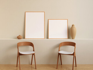 Twin modern and minimalist white poster or photo frame mockup on the wall in the living room. 3d rendering.
