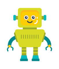 Childish droid retro robot character. Vector illustration