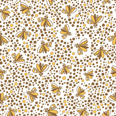 Vintage polka dot pattern, round pebbles. Seamless pattern with large and small ovals in brown, various foliage and butterflies. Summer simple print. Vector print.