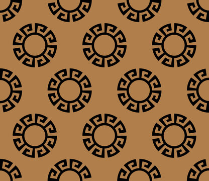 Circle Greek Seamless Pattern With Round Meander Borders.