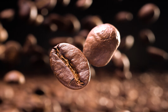 Roasted coffee beans flying. Macro shot.