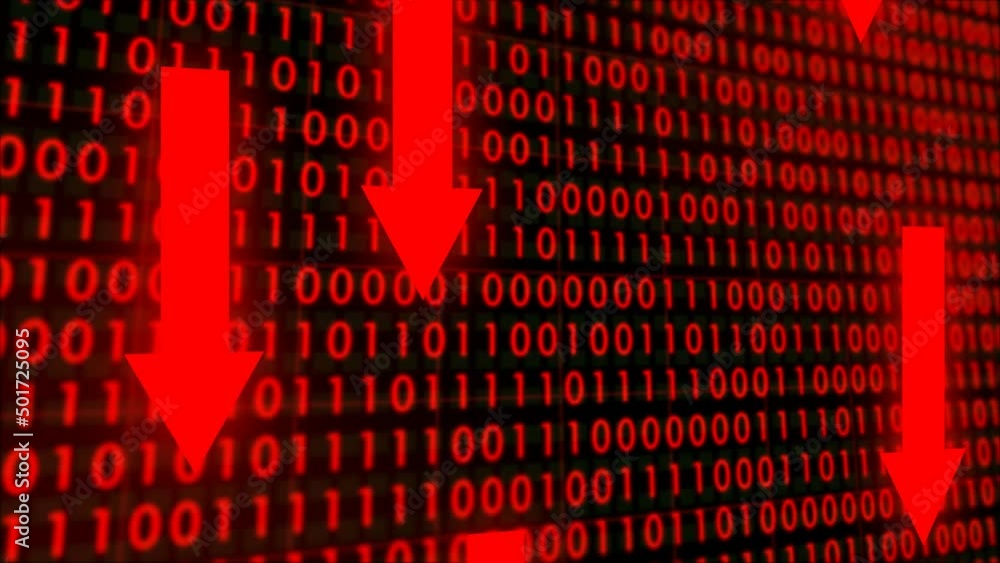 Poster 3d digital data, binary code, currency market growth fall down red arrow and background. digital tec