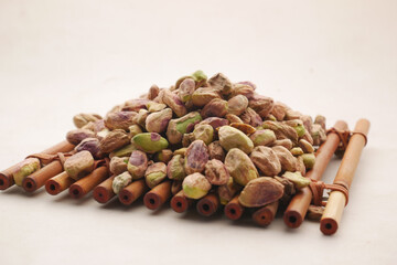 detail shot of natural pistachios nut on in bowl 