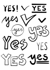 yes black monochrome linear hand written English agree word  isolated on white background graphic element useful for web 