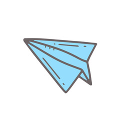 Blue paper airplane in doodle style. Vector isolated illustration.