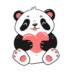 Obraz premium Cute sitting happy panda with a heart in cartoon linear style. Vector isolated illustration.