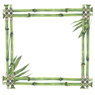 Watercolor illustration, frame with bamboo stems and leaves. With jute rope, square. For decoration and design, menus, posters, postcards, invitations, prints.