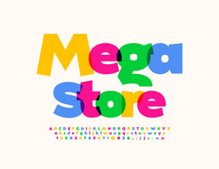 Vector advertising logo Mega store. colorful Font. Artistic Alphabet Letters and Numbers