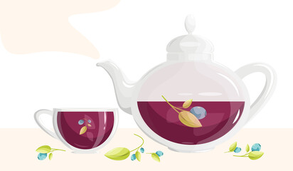 A teapot and a cup of blueberry tea. Tea with wild berries. A healthy drink, with blueberry sprigs.Vector illustration.