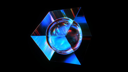 3d rendered abstract cube with detailed reflection and dispersion.