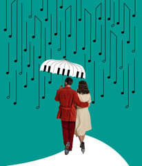 Contemporary art collage with couple walking under rain of music notes isolated over blue background. Concept of ideas, aspiration, imagination. Design for card, magazine cover