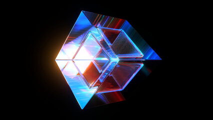 3d rendered abstract cube with detailed reflection and dispersion.
