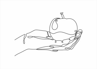 Vector continuous one single line drawing icon of hand holding apple fruit in silhouette on white background. 