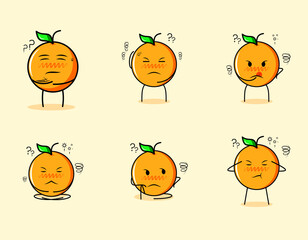 collection of cute orange cartoon character with thinking expressions. suitable for emoticon, logo, symbol and mascot