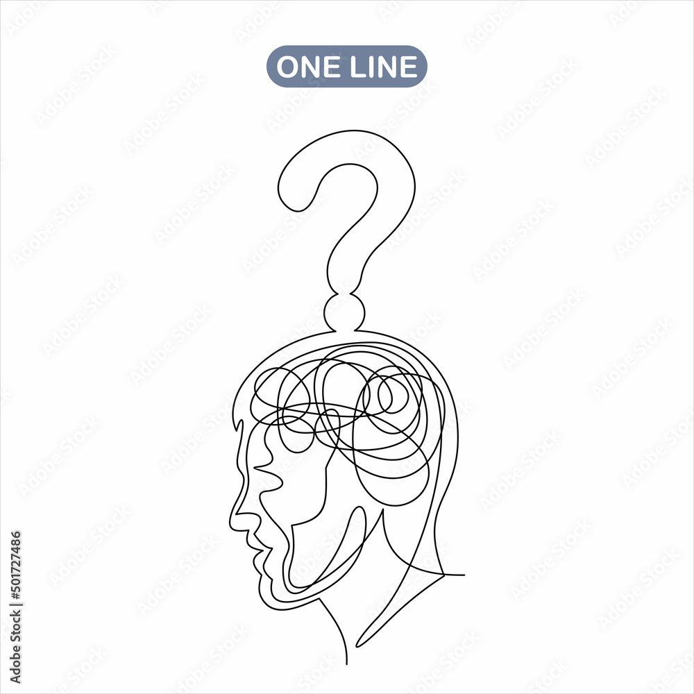 Poster continuous one line drawing head with a question line icon.vector concept confusion in the head.