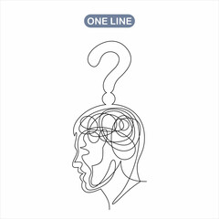 Continuous one line drawing head with a question line icon.Vector concept confusion in the head.