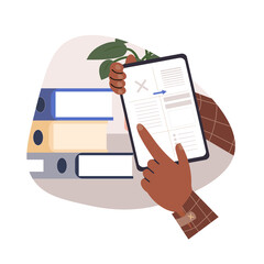 Time management, multitasking, effective month planning, to do list. Human hands holding a tablet and writing tasks via mobile app, filling out planner, schedule. Cartoon vector isolated illustration.