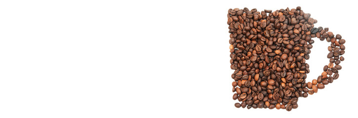 cup silhouette made from coffee beans. coffee drinking concept. a cup of coffee on a white background. coffee processing industry illustration