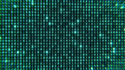 Screen close up digital computer numbers. Green digital binary data on computer screen loopable. 3d render