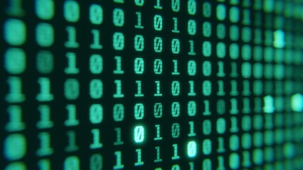 Screen close up digital computer numbers. Green digital binary data on computer screen loopable. 3d render