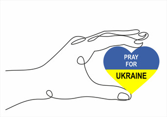 Russian-Ukrainian conflict. Hand gesture holding Ukraine flag in the shape of heart with lettering in cartoon flat style. National security society, prevention of war in Ukraine. Sovereign country.