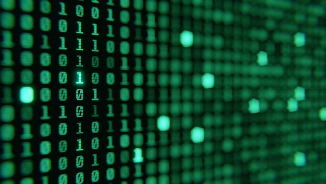 Screen close up digital computer numbers. Green digital binary data on computer screen loopable. 3d render