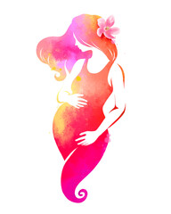 Watercolor of pregnant woman. Happy mother's day. Mother and baby health. Digital art painting with clipping path.