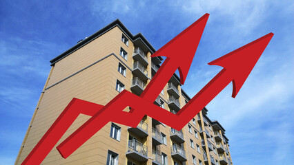 Two red growing up large arrow on residential building background. Rising prices for purchase, sale...