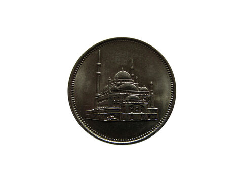 Reverse of Egypt coin 10 piastres 1984 with image of Muhammed Ali mosque. Isolated in white background.