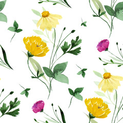 Seamless pattern with watercolor wildflowers on white background.