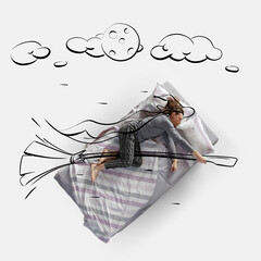 Creative image. Top view of young man lying on bed, sleeping, dreaming about witcher flying on a broomstick
