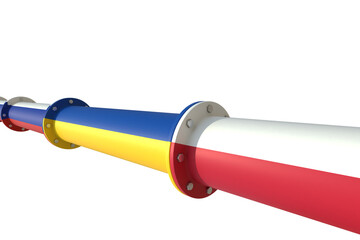 Conceptual representation of a pipeline for transporting combustible hydrocarbons connecting the Russian Federation, Ukraine and Poland. 3D illustration. Isolated on a white background.