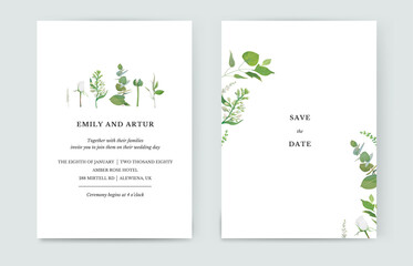 Spring floral minimalist wedding invite, save the date card design. Watercolor style white lilac flower, flower bud, rose, eucalyptus branches, leaves, herbs vector illustration. Editable template set
