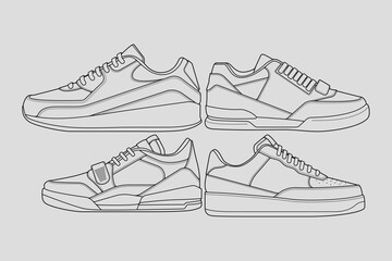 set of outline Cool Sneakers. Shoes sneaker outline drawing vector, Sneakers drawn in a sketch style, sneaker trainers template outline, Set Collection. vector Illustration.
