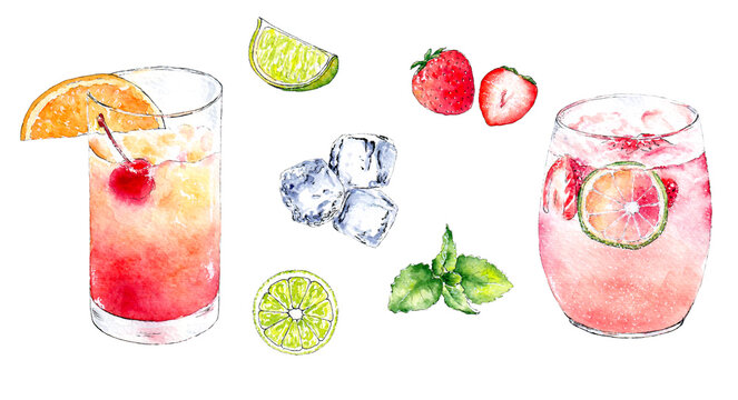 Set of cocktail elements isolated on white background. Watercolor hand drawn illustration