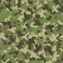 Camouflage vector pattern with dinosaur skeleton. 