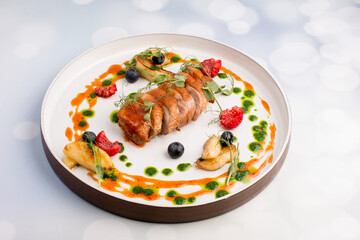 Duck breast with caramel apples. Beautifully decorated restaurant meat dish