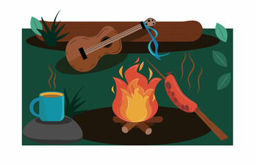 Cartoon illustration of a campfire in the forest in nature. Tourism, weekend, holiday. 