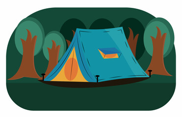 Cartoon illustration of a tent in the forest. Tourism icon. Outdoor recreation.