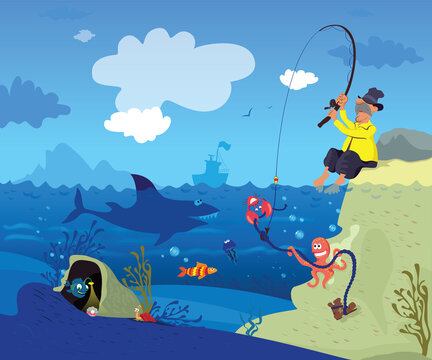 Fun adventures in the underwater world. Vector cartoon illustration