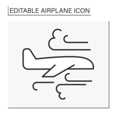  Transport line icon. Plane fly in the wind. Bad weather. Fast passenger transportation. Airplane concept. Isolated vector illustration. Editable stroke