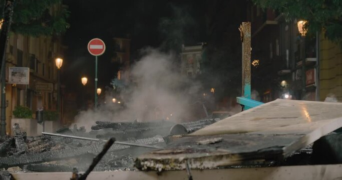 Smoke after burning statues and decorations at Las Fallas
