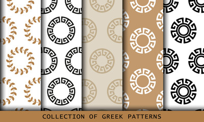 Vector seamless Greek patterns collection, art set with round meander borders